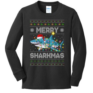 Merry Sharkmas Shark Santa Ugly Christmas Lights Xmas Kids Long Sleeve Shirt