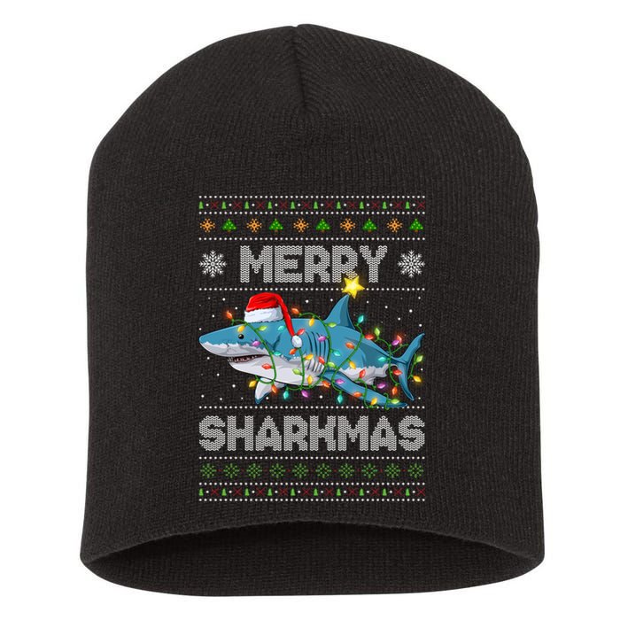 Merry Sharkmas Shark Santa Ugly Christmas Lights Xmas Short Acrylic Beanie