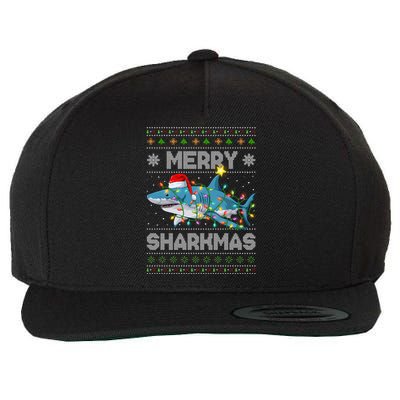 Merry Sharkmas Shark Santa Ugly Christmas Lights Xmas Wool Snapback Cap