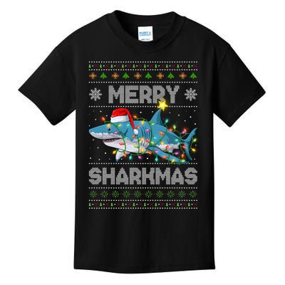 Merry Sharkmas Shark Santa Ugly Christmas Lights Xmas Kids T-Shirt