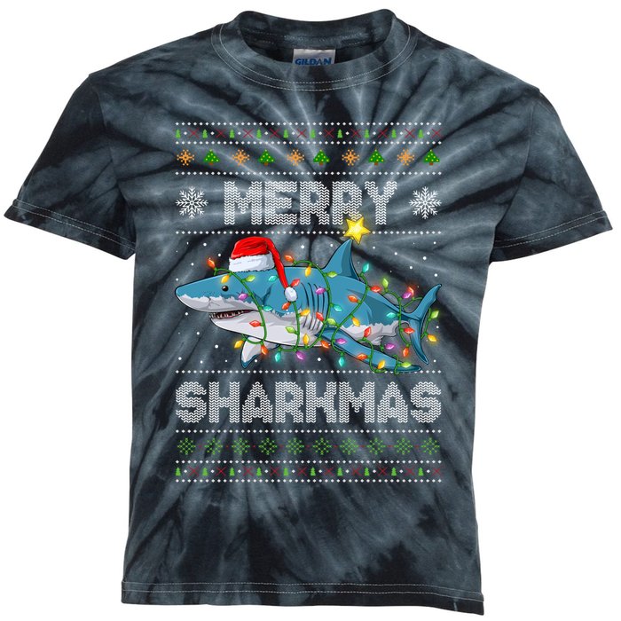 Merry Sharkmas Shark Santa Ugly Christmas Lights Xmas Kids Tie-Dye T-Shirt