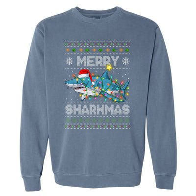 Merry Sharkmas Shark Santa Ugly Christmas Lights Xmas Garment-Dyed Sweatshirt