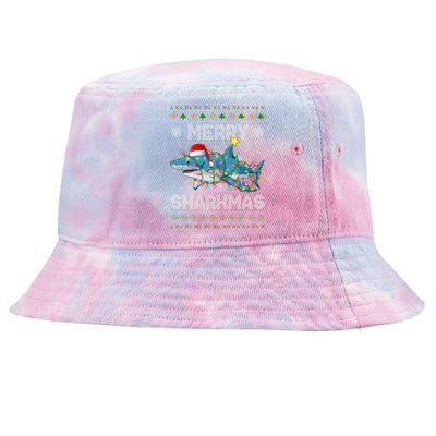 Merry Sharkmas Shark Santa Ugly Christmas Lights Xmas Tie-Dyed Bucket Hat