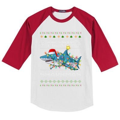 Merry Sharkmas Shark Santa Ugly Christmas Lights Xmas Kids Colorblock Raglan Jersey