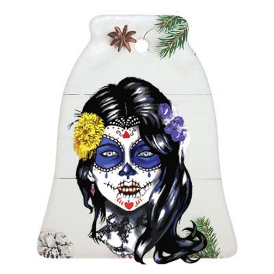 Mexican Sugar Skull Girl Halloween Dia De Los Muertos Ceramic Bell Ornament