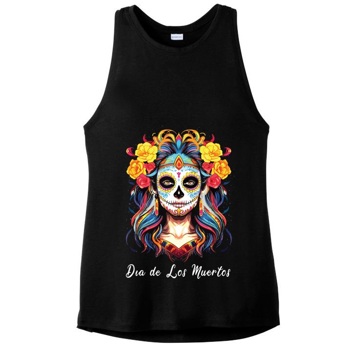 Mexican Sugar Skull Girl Halloween Dia De Los Muertos Ladies PosiCharge Tri-Blend Wicking Tank