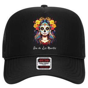 Mexican Sugar Skull Girl Halloween Dia De Los Muertos High Crown Mesh Back Trucker Hat