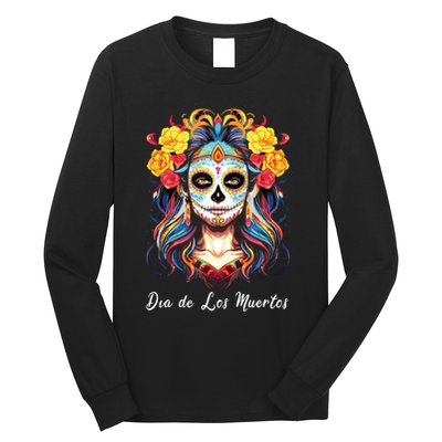Mexican Sugar Skull Girl Halloween Dia De Los Muertos Long Sleeve Shirt