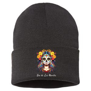 Mexican Sugar Skull Girl Halloween Dia De Los Muertos Sustainable Knit Beanie