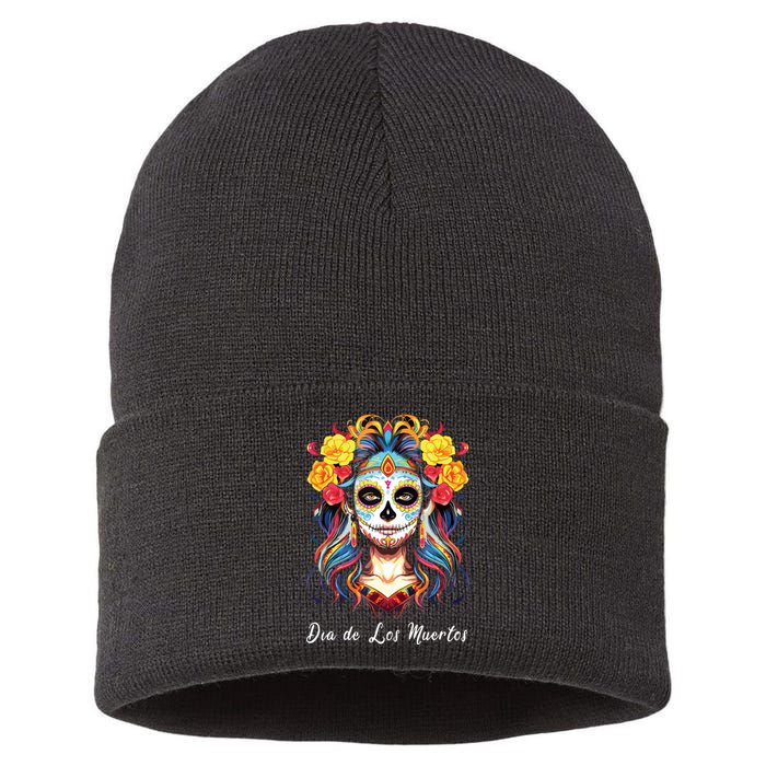 Mexican Sugar Skull Girl Halloween Dia De Los Muertos Sustainable Knit Beanie