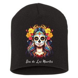 Mexican Sugar Skull Girl Halloween Dia De Los Muertos Short Acrylic Beanie