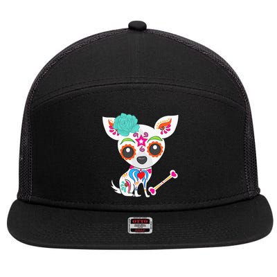 Mexican Sugar Skull Chihuahua 7 Panel Mesh Trucker Snapback Hat