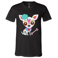 Mexican Sugar Skull Chihuahua V-Neck T-Shirt