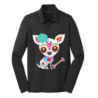 Mexican Sugar Skull Chihuahua Silk Touch Performance Long Sleeve Polo