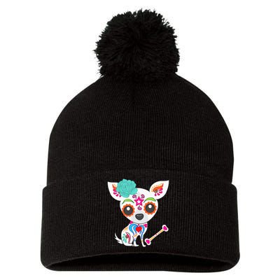 Mexican Sugar Skull Chihuahua Pom Pom 12in Knit Beanie