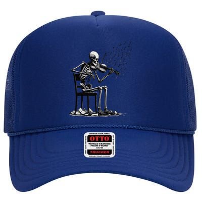 Musician Skeleton Skeleton Player Violin Halloween Music High Crown Mesh Back Trucker Hat