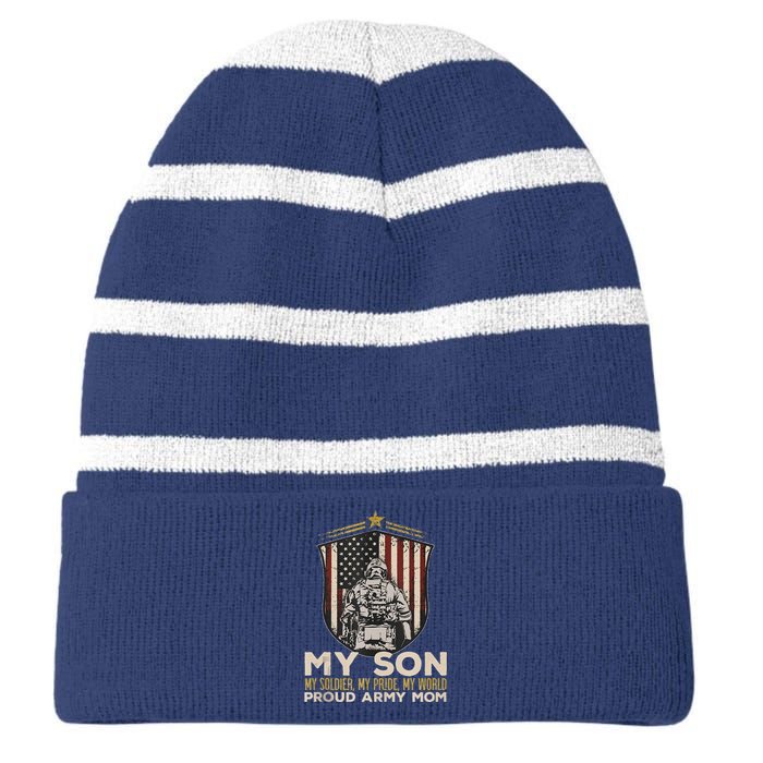 My Son Soldier Pride World Proud Arm.Y Mom Veterans Day Striped Beanie with Solid Band