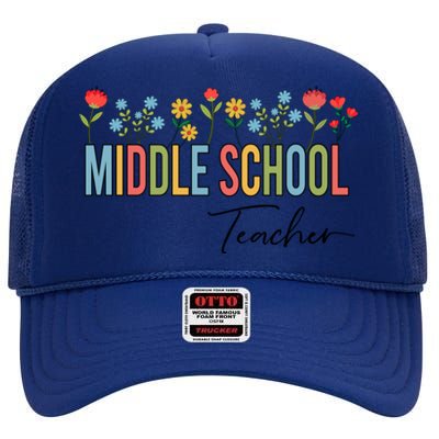 Middle School Teacher Retro Wildflowers Back To School Gift High Crown Mesh Back Trucker Hat