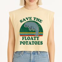 Manatee Save The Floaty Potatoes Funny Chubby Mermaid Garment-Dyed Women's Muscle Tee