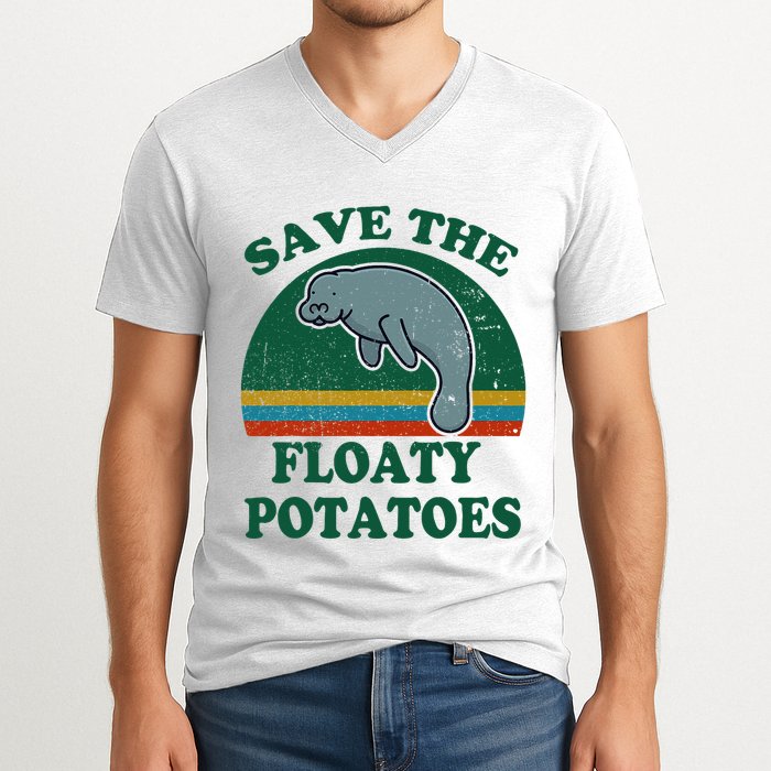 Manatee Save The Floaty Potatoes Funny Chubby Mermaid V-Neck T-Shirt