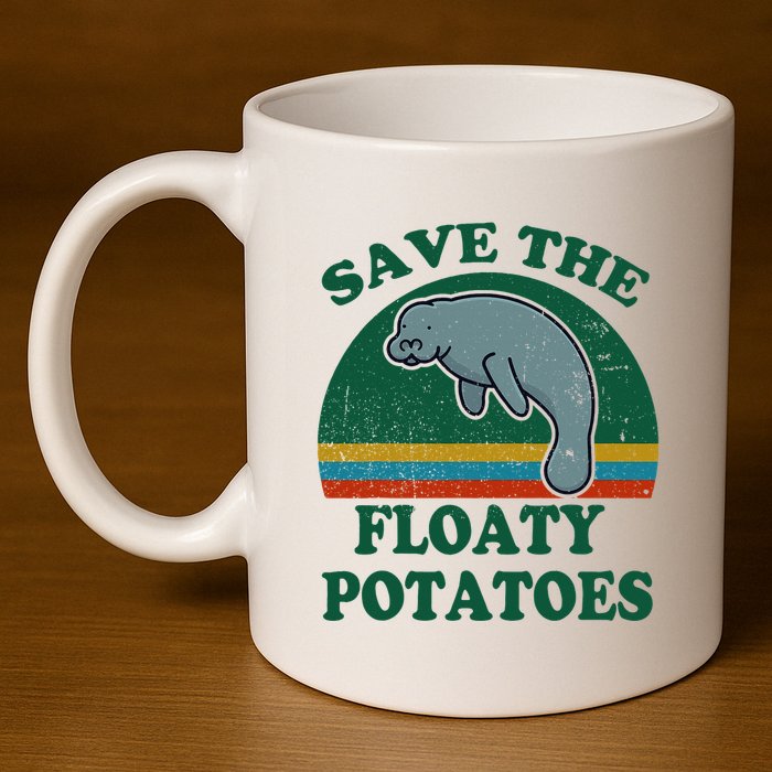 Manatee Save The Floaty Potatoes Funny Chubby Mermaid 11oz C Handle Ceramic Mug