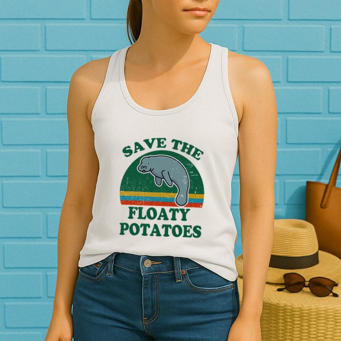 Manatee Save The Floaty Potatoes Funny Chubby Mermaid Womens Tank Top