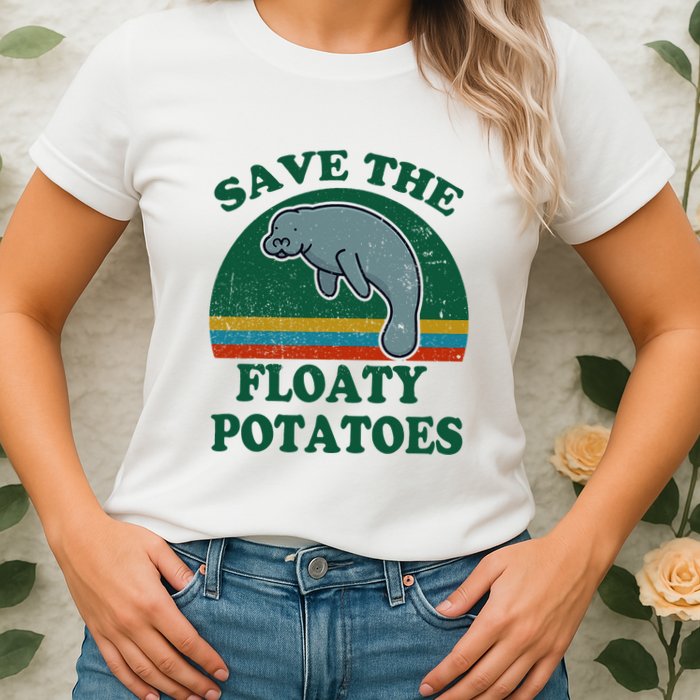 Manatee Save The Floaty Potatoes Funny Chubby Mermaid Womens T-Shirt