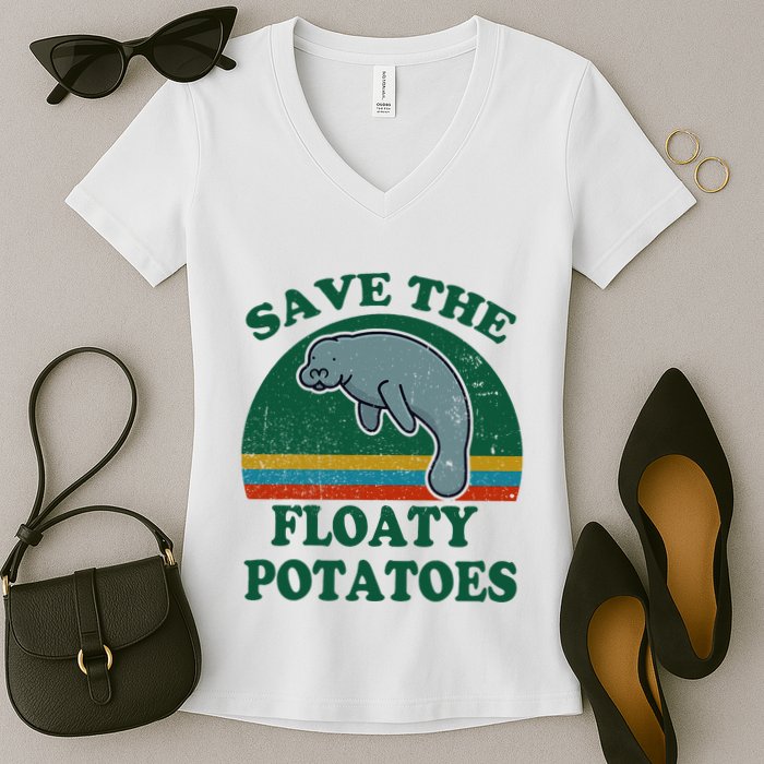Manatee Save The Floaty Potatoes Funny Chubby Mermaid Women's V-Neck T-Shirt