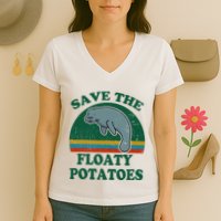 Manatee Save The Floaty Potatoes Funny Chubby Mermaid Women's V-Neck T-Shirt