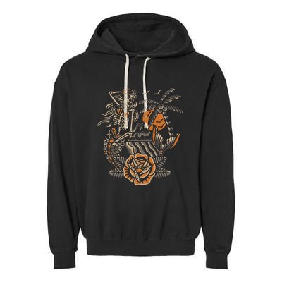 Mermaid Skeleton Traditional Tattoo Old School Tattoo Flash Garment-Dyed Fleece Hoodie