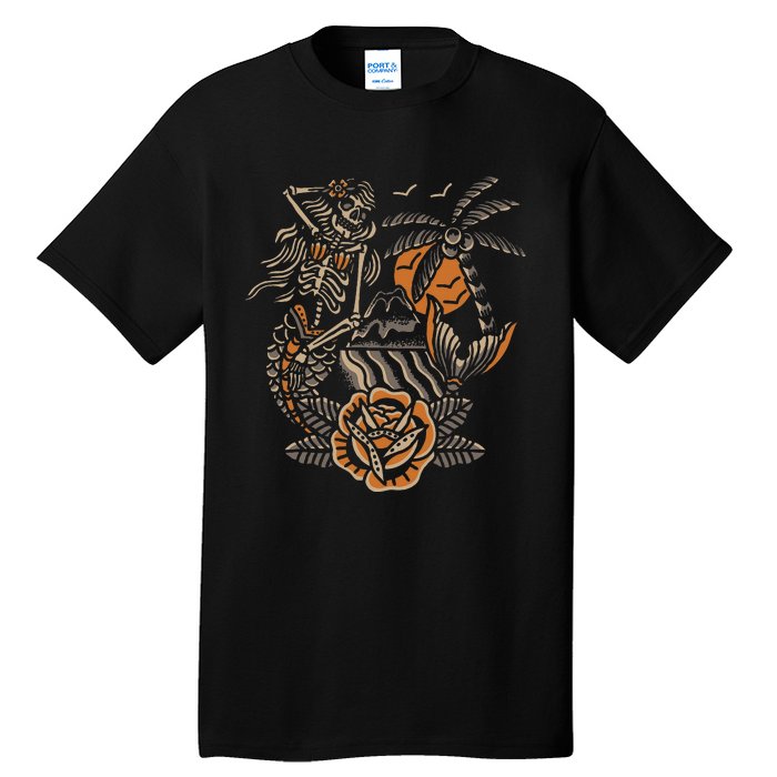 Mermaid Skeleton Traditional Tattoo Old School Tattoo Flash Tall T-Shirt