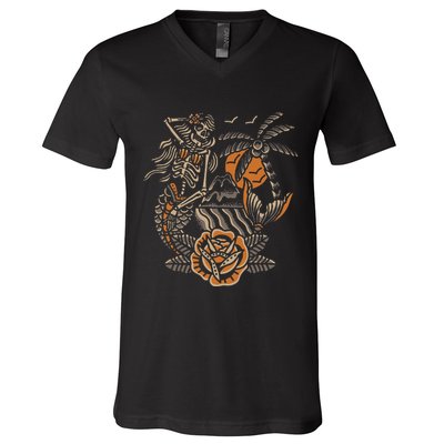 Mermaid Skeleton Traditional Tattoo Old School Tattoo Flash V-Neck T-Shirt