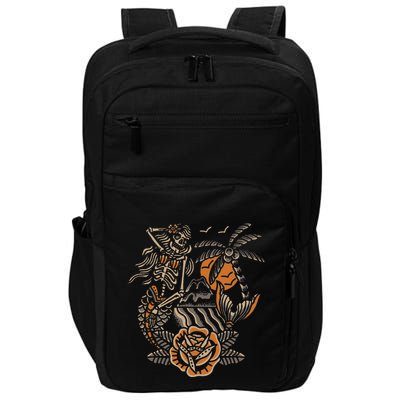 Mermaid Skeleton Traditional Tattoo Old School Tattoo Flash Impact Tech Backpack