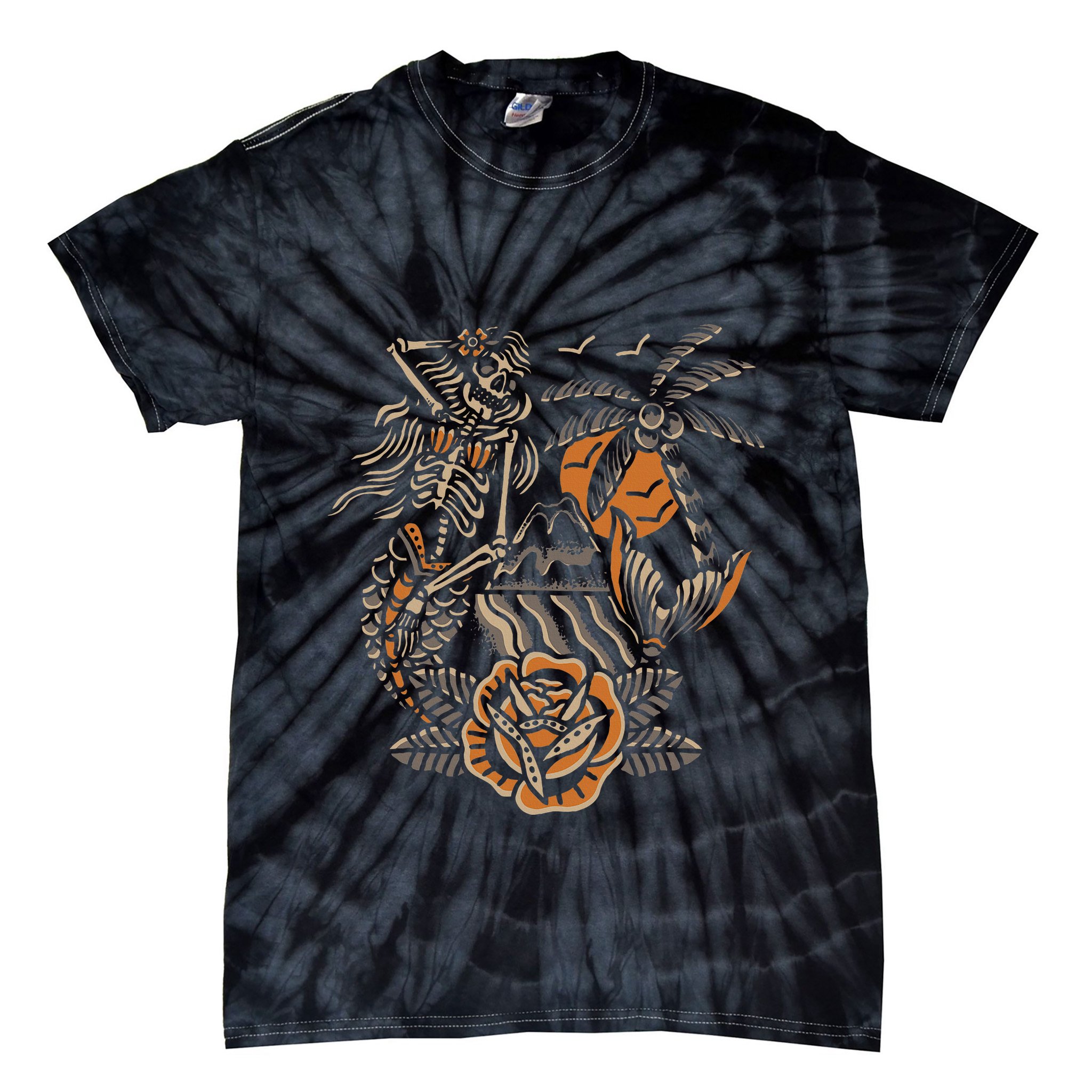 Mermaid Skeleton Traditional Tattoo Old School Tattoo Flash Tie-Dye T-Shirt