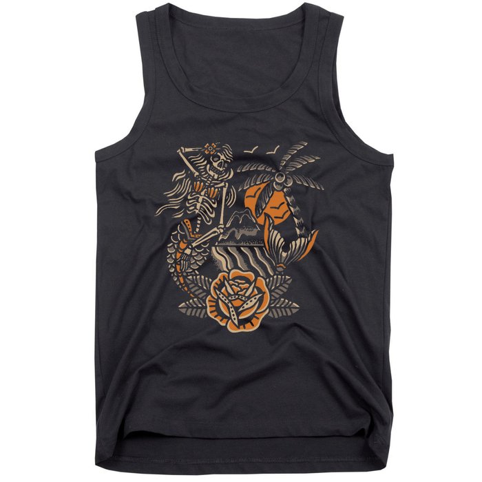 Mermaid Skeleton Traditional Tattoo Old School Tattoo Flash Tank Top