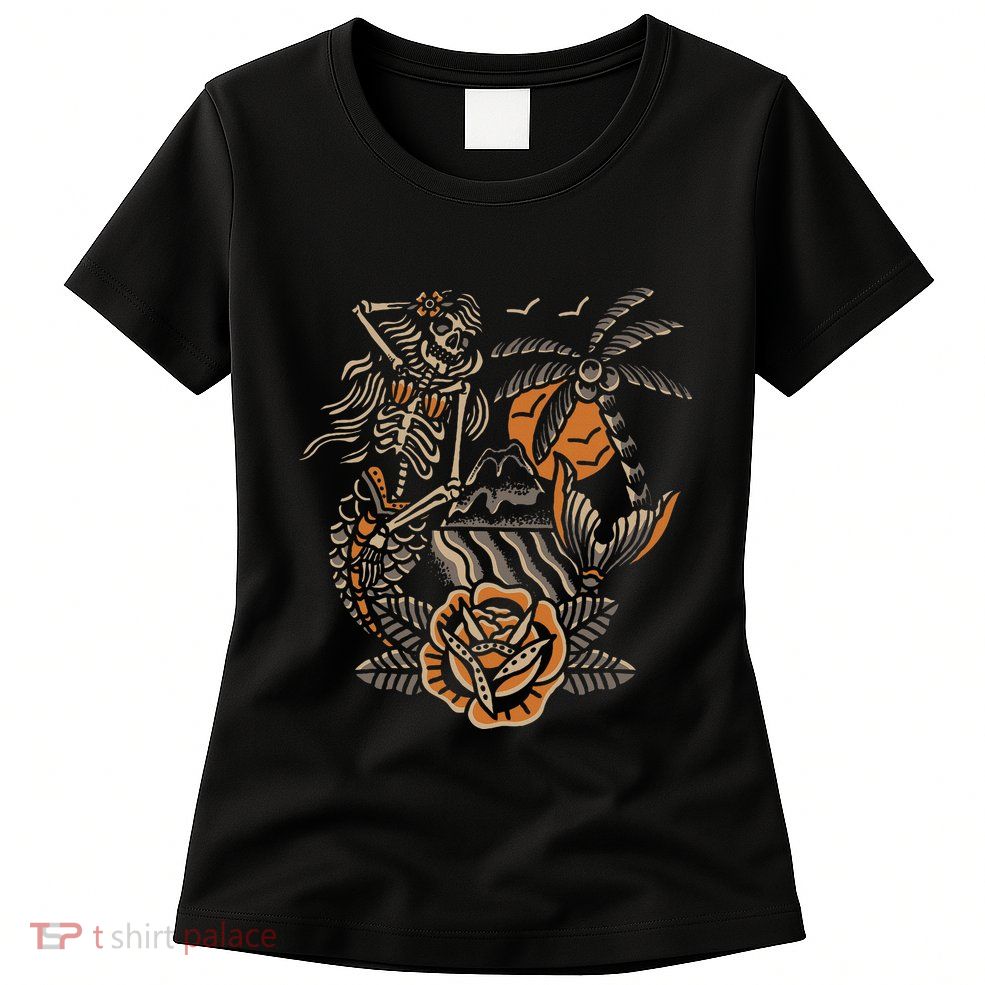 Mermaid Skeleton Traditional Tattoo Old School Tattoo Flash Womens T-Shirt