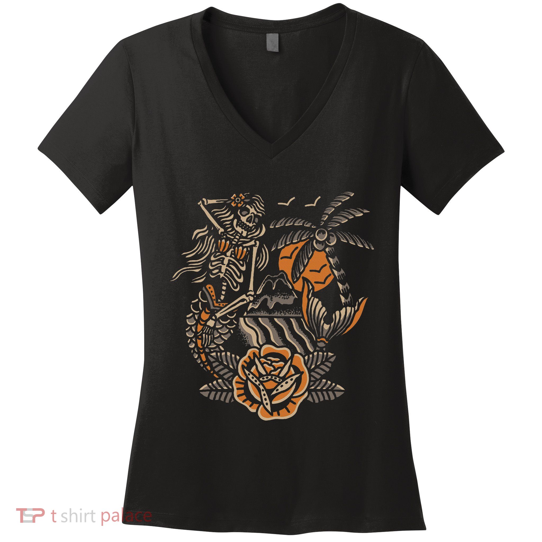 Mermaid Skeleton Traditional Tattoo Old School Tattoo Flash Women's V-Neck T-Shirt