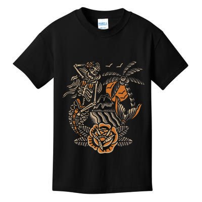Mermaid Skeleton Traditional Tattoo Old School Tattoo Flash Kids T-Shirt
