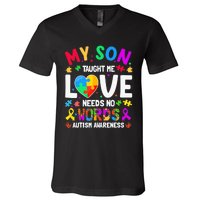 My Son Taught Me Love Needs No Words Autism For Mom Dad V-Neck T-Shirt