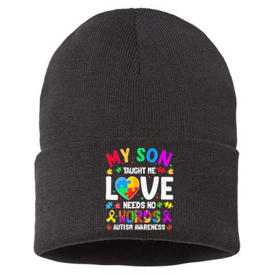My Son Taught Me Love Needs No Words Autism For Mom Dad Sustainable Knit Beanie