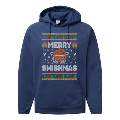 Merry Swishmas Ugly Christmas Basketball Christmas Gift Performance Fleece Hoodie