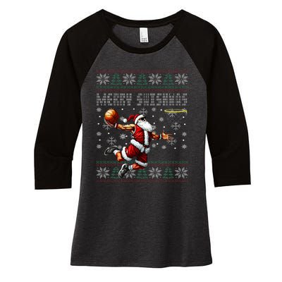 Merry Swishmas Ugly Christmas Basketball Christmas  Women's Tri-Blend 3/4-Sleeve Raglan Shirt