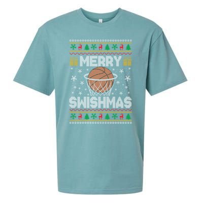 Merry Swishmas Ugly Christmas Basketball Christmas Gift Sueded Cloud Jersey T-Shirt