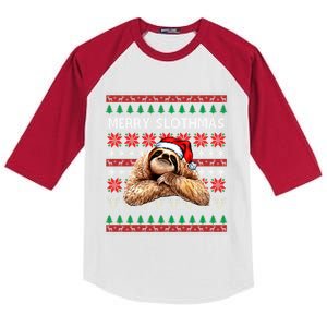 Merry Slothmas Ugly Christmas Sweater Sloth Santa Hat Funny Gift Kids Colorblock Raglan Jersey