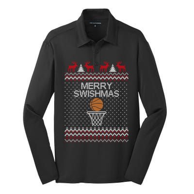 Merry Swishmas Ugly Christmas Funny Basketball Christmas Silk Touch Performance Long Sleeve Polo