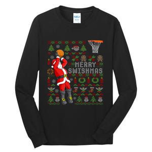 Merry Swishmas Ugly Christmas Basketball Christmas Tall Long Sleeve T-Shirt