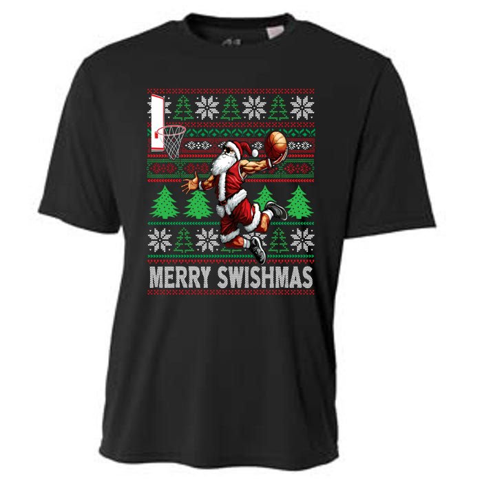 Merry Swishmas Ugly Christmas Basketball Christmas Cooling Performance Crew T-Shirt