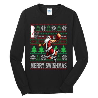 Merry Swishmas Ugly Christmas Basketball Christmas Tall Long Sleeve T-Shirt