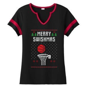 Merry Swishmas Ugly Christmas Basketball Christmas Ladies Halftime Notch Neck Tee