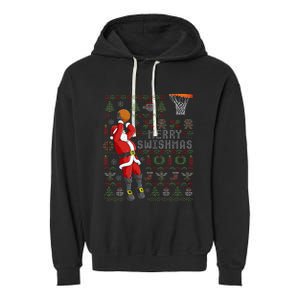 Merry Swishmas Ugly Christmas Basketball Christmas Garment-Dyed Fleece Hoodie